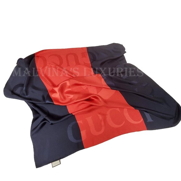 GUCCI SCARF BLUE RED WEB GG LOGO PRINT JACQUARD SILK TWILL FOULARD 35" - Picture 12 of 16